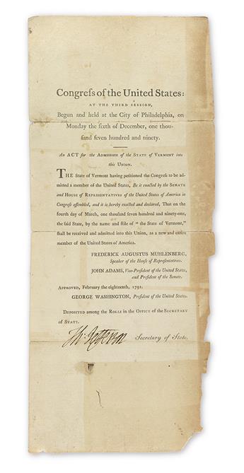 (VERMONT.) JEFFERSON, THOMAS. Printed Document Signed, Th:Jefferson, as Secretary of State,